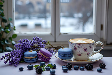 French macarons in a cafe on a plate on a table next to a cup of coffee, a bunch of lavender, scattered blueberries and blackberries against a backdrop of a winter landscape outside a window.