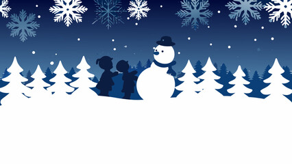 Joyful children build a friendly snowman amidst a winter wonderland filled with festive snowflakes and evergreen trees