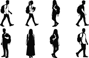 Silhouette vector illustration of diverse people walking and standing with backpacks, ideal for student, travel, lifestyle, and education themes.