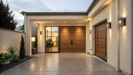 Fototapeta premium Luxury modern house entrance with wooden garage door and landscaped driveway in evening light 
