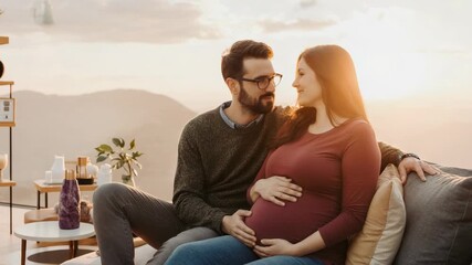 Expectant couple shares loving gaze on outdoor couch against mountain backdrop - Powered by Adobe