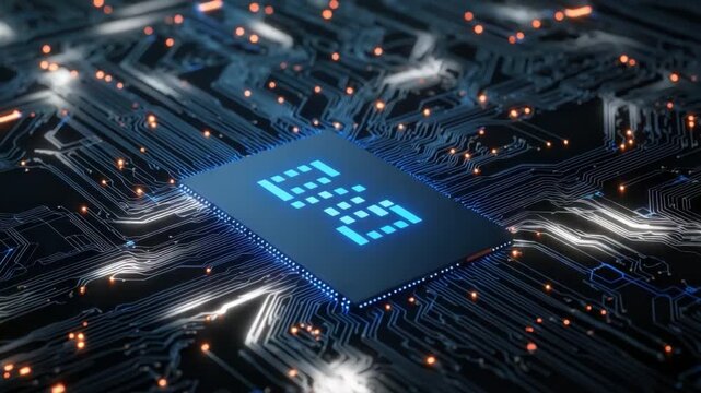 Futuristic Digital Circuit Board with Glowing Microprocessor and Bright Data Display in a High-Tech Environment 4k video footage
