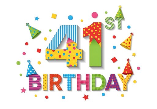 Cheerful 41st Birthday Greeting with Colorful Patterned Numbers, Party Hats, and Confetti on White