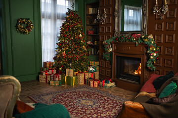 Classical Christmas decorated interior living room with fireplace. Christmas tree with red golden ornament decorations gift boxes. Modern classic style interior design apartment. Christmas eve at home