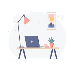 Modern minimalist home office workspace illustration featuring a desk with laptop, chair, books, lamp, and indoor plant. Perfect for concepts of remote work, productivity, creative workplace.