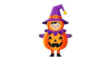 Cute halloween pumpkin character wearing a witch hat and costume
