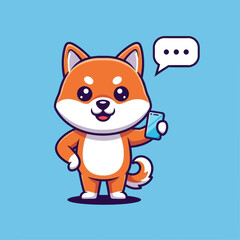 A cute cartoon Shiba Inu dog stands holding a smartphone, with a text bubble indicating communication.