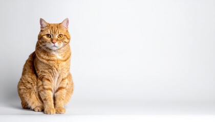 Ginger cat seated, centered against white background