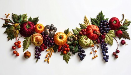 Embroidered autumnal garland of fruits and vegetables