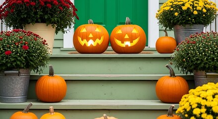 Halloween decorated porch with carved pumpkins and mums