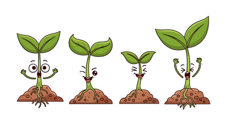 Cartoon Sprout Characters in Various Stages of Growth with Expressive Faces.