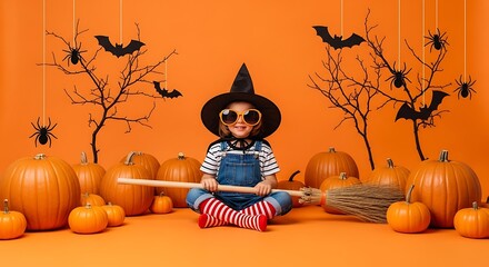 Cute child dressed as a witch on a broomstick for halloween