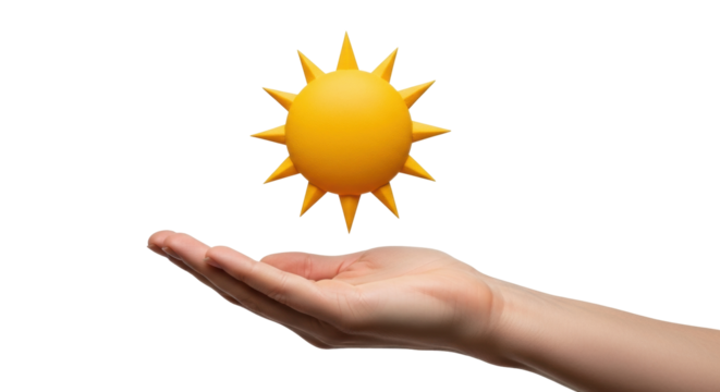 Isolated illustration of a sunshine on a person's palm of hand against a plain backdrop