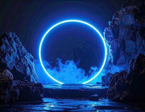 Neon circle in a dark, rocky landscape