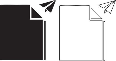 Hand made Paper sheet with folded corner and paper airplane simple flat vector icon for sending or sharing files isolated on white background