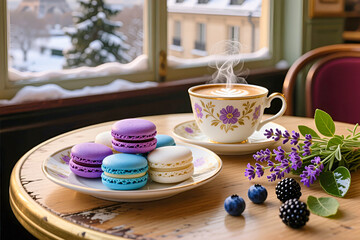 French macarons in a cafe on a plate on a table next to a cup of coffee, a bunch of lavender, scattered blueberries and blackberries against a backdrop of a winter landscape outside a window.