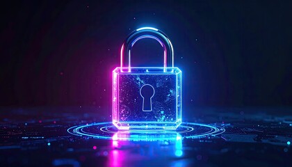 Neon padlock graphic, vibrant colors, digital