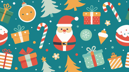 Seamless Christmas pattern with Santa, gifts, candy canes, trees and festive decorations on green background