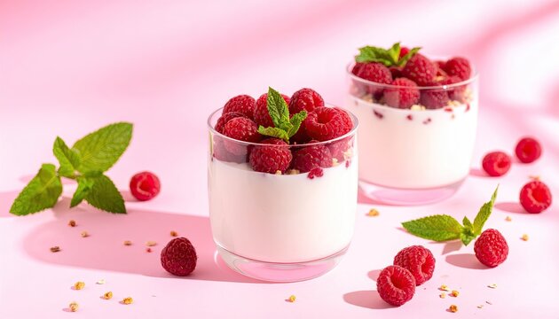 Two glasses of yogurt parfait topped with raspberries and mint leaves on a pink background
