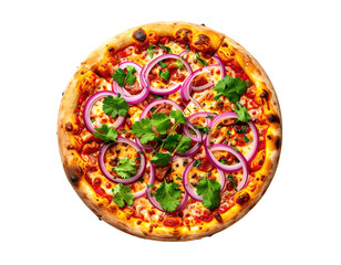 Round pizza topped with red onions, cilantro, and a sauce