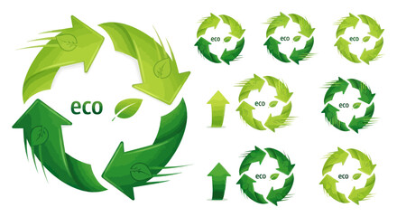 Collection of dynamic green arrow recycling symbols representing ecology and environmental sustainability.
