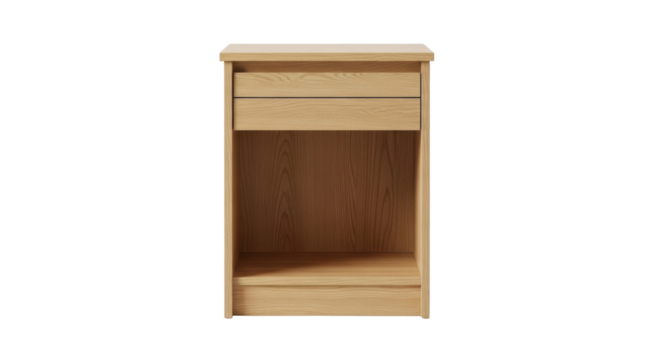 Isolated wooden nightstand with a drawer and open storage area for bedroom or living room