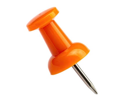 Orange pushpin, glossy, metallic tip, isolated
