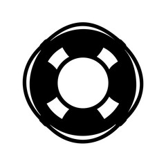 Black and white silhouette image of a life preserver on white background