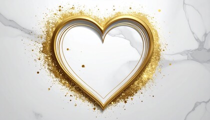 Gold heart shape on white marble background with gold glitter