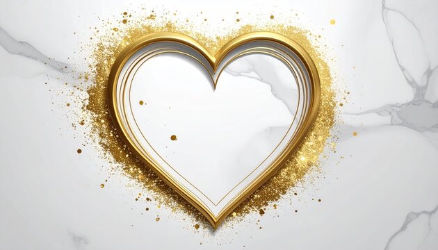 Gold heart shape on white marble background with gold glitter