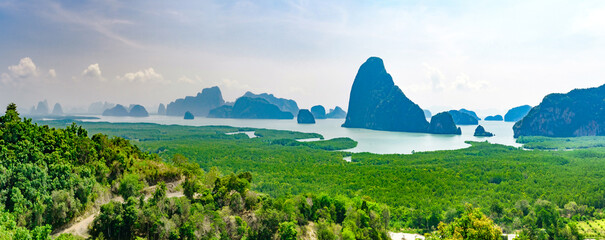 panorama view of cliffs in sea from Samet Nangshe Viewpoint Thailand at day