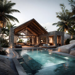 Obraz premium Serene Luxury Villa with Pool Surrounded by Tropical Palm Trees