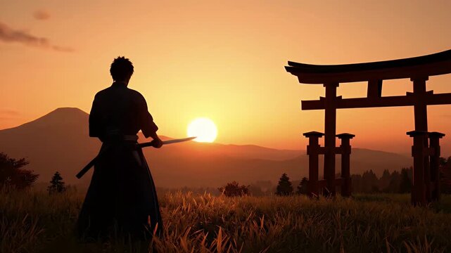 Samurai Training With Katana At Sunset