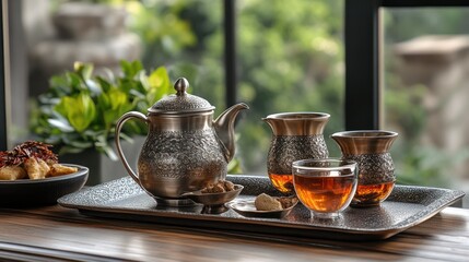 Silver teapot, teacups, snacks, window, garden
