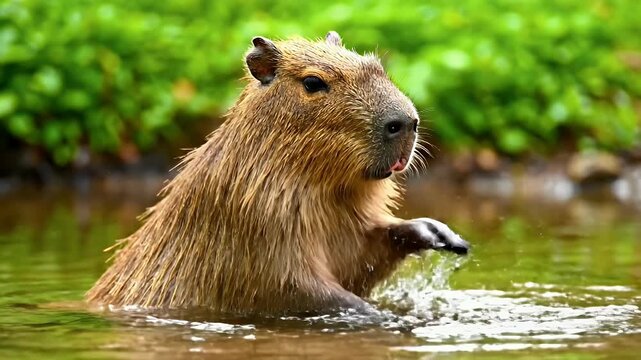 Wild capybara wading and splashing in a river with lush green foliage background