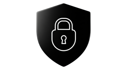 Isolated black security shield with padlock, protection against cyberattacks and crime
