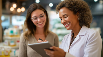 Female pharmaceutical representative consulting with hospital director about new drug protocols modern medical facility setting healthcare management pharmaceutical consulting