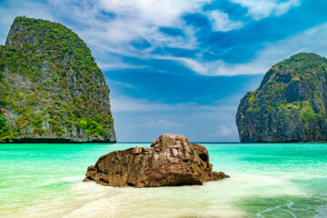 green sea and stone in Maya Bay on island of Phi Phi Le Thailand