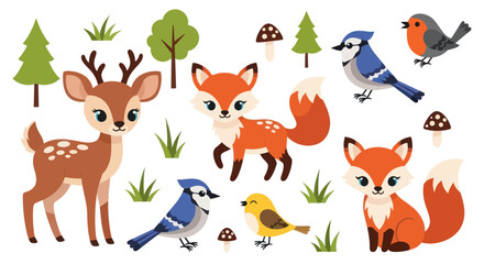 Cute Cartoon Forest Animals Set with Deer Foxes and Birds.