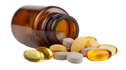 Pills spilling from a medicine bottle isolated on transparent background