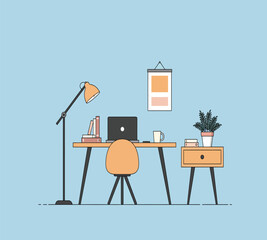 Modern minimalist home office workspace illustration featuring a desk with laptop, chair, books, lamp, and indoor plant. Perfect for concepts of remote work, productivity, creative workplace.
