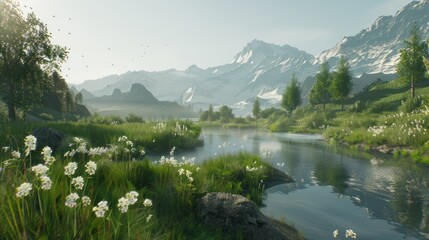 Serene Mountain River Landscape with Snow-capped Peaks Green Trees Wildflowers and Clear Water