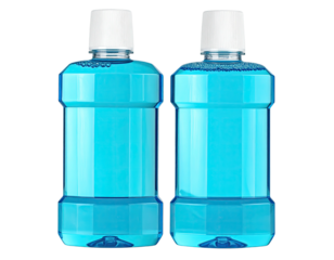Two light-blue mouthwash bottles, white caps