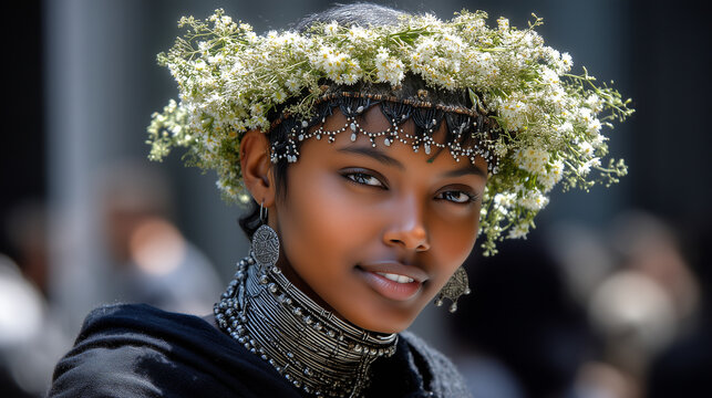 Beautiful Oromo woman with floral crown and traditional jewelry during Oromo New Year cultural celebration
