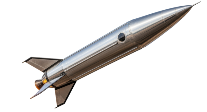 Isolated Missile, silver retro rocketship flies without a trail, spacecraft, space vehicle