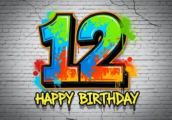 Happy 12th Birthday Graffiti with Paint Splatters on White Brick Wall Background for Celebration