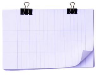 Blank, light purple gridded paper, creased corner, black paper clips