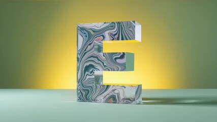 Rising backlight revealing letter E glowing on mint-green tabletop, marble pattern deepening - Powered by Adobe