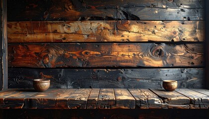 Dark wooden planks wall with two bowls on a shelf