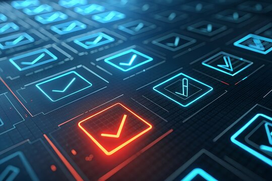 Digital grid of glowing neon checkmarks and one glowing red checkmark indicating a selection or task completion on a dark background